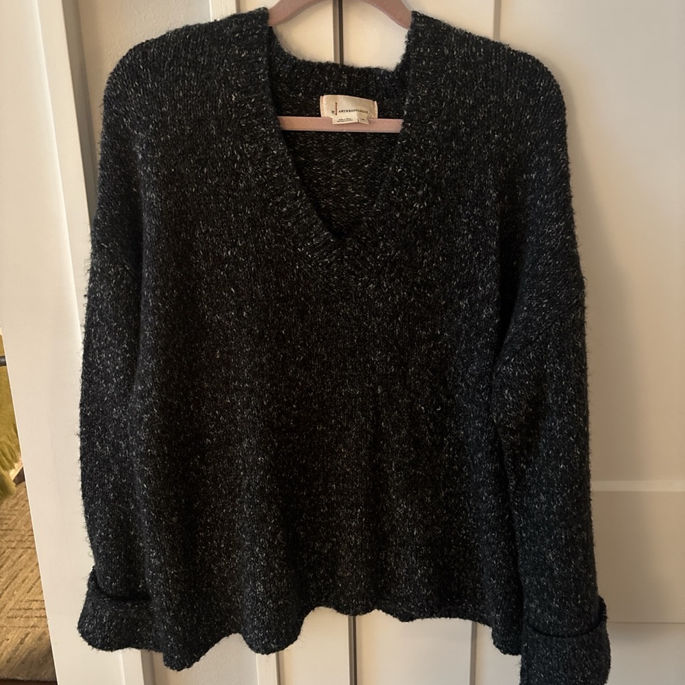 Anthropologie Black V-Neck Textured Pullover Sweater
